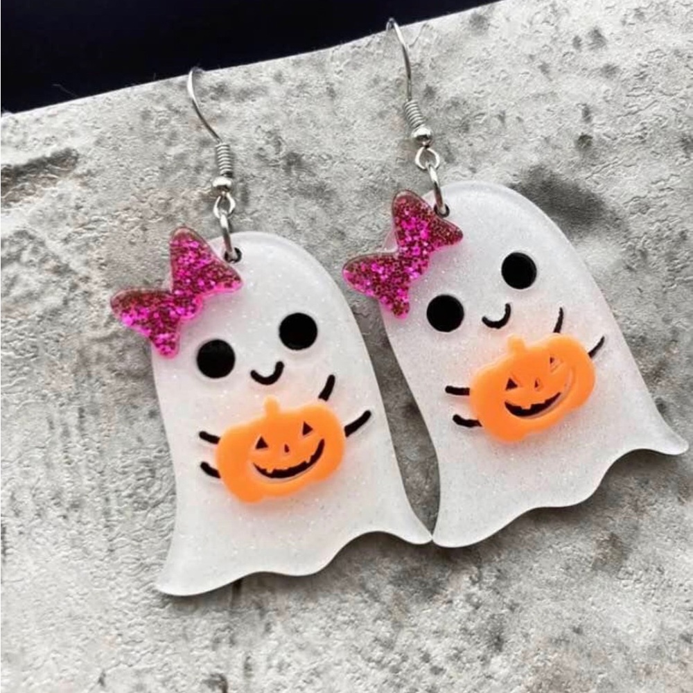 Halloween Ghost Earrings with Sparkling Pumpkin & Bows